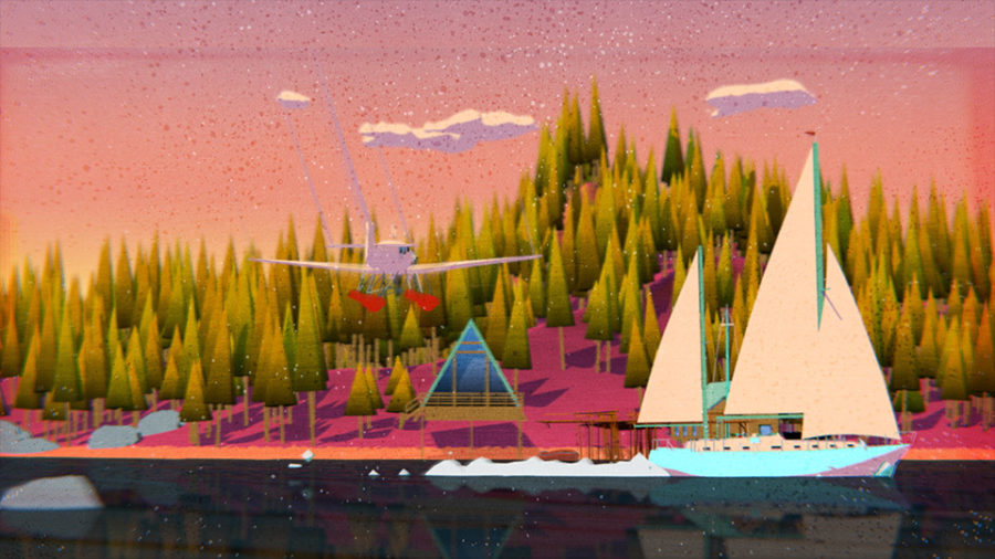 2D Animation and motion design - a landscape with a lake, forest and boat on in foreground
